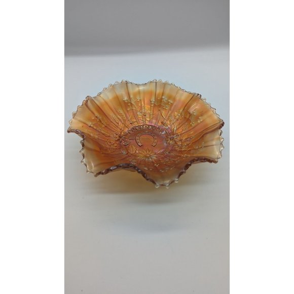 Northwood Good Luck Ruffled Bowl Ribbed Back Carnival Glass Vintage - Picture 10 of 12